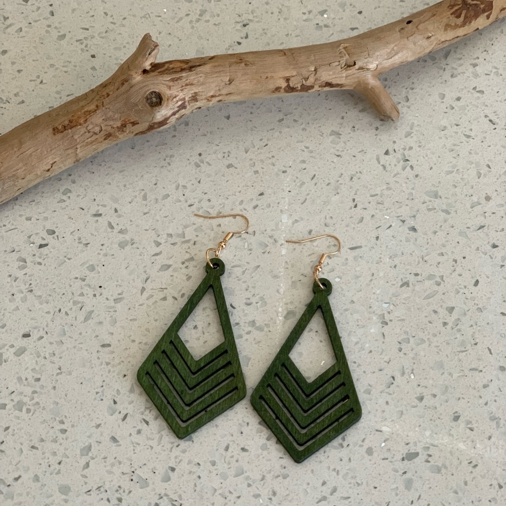 Green Geometric Wooden Rhombus Earrings